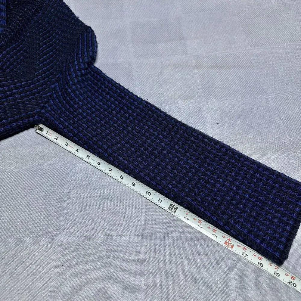 Tory Burch Black Blue Merino Wool Waffle Knit Cardigan‎ Sweater Women's Sz Large